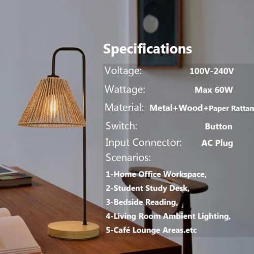 Small Bedside Night Table Lamp for Bedroom, Minimalist Nightstand Lamp with Boho Paper Rattan Shade, Study Reading Desk Lamp for Kids Room, Living Room, College Dorm, Home, Office