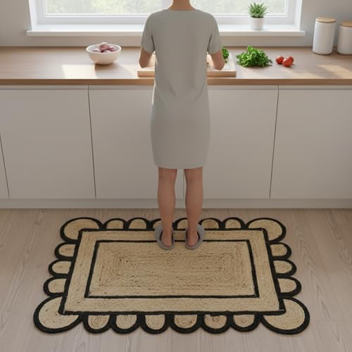 Braided Scalloped Jute Rug Natural with Black Trim, Handmade Farmhouse Boho Area Rug for Entryway, Kitchen, Hallway, Living Room, Bedroom, Rustic Woven Floor Rug - (Black- 2X3 ft) - size: 2' x 3' (Rectangular)