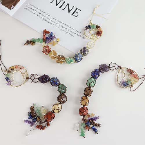 3 Pieces of 7 Chakras Healing Crystals and Tree of Life Wall Hanger Tumbled Gemstones Meditation Hanging Ornament Christmas Tree Memorial Hanging Pendant (Style 3) - color: A-style 21