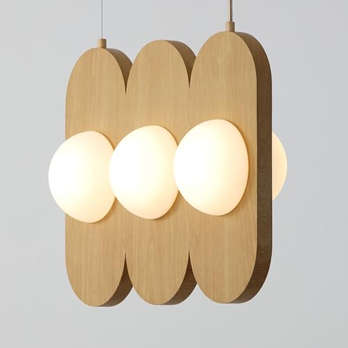 Orbita - Modern 3-Light Wood Linear Pendant Fixture, Frosted Glass Globe Shades, Integrated LED, Warm White, Adjustable Hanging Ceiling Light for Dining, Kitchen, Living Space - color: Orbita - 3 Light
