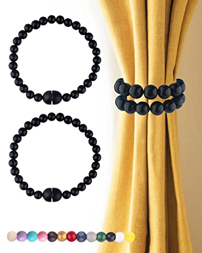 Black Curtain Tiebacks Magnetic 2 Pack: Strong Magnets Closure, Wood Bead Curtain Tiebacks Holders, Drapery Tie Backs Magnetic Curtain Holdbacks for Boho Farmhouse Home Office Room Nursery Decor - color: Black