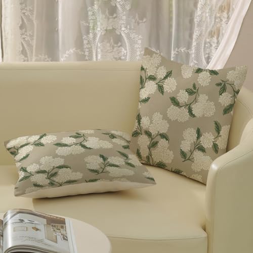 Beige Spring Pillow Covers 16x16 Inch 2 Pcs Khaki Green Hydrangea Flower Decor Throw Pillows Vintage Floral Seasonal Summer Outdoor Decoration Pillowcase Linen Cushion Cover for Couch Sofa - color: Beige Hydrangea, size: 16" x 16" (Pack of 2)