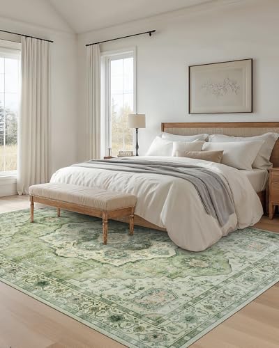 AMADA HOMEFURNISHING 8x10 Area Rug, Washable Low-Profile Large Area Rug with Non-Slip Backing & Durable Edge Binding, Vintage Large Rugs for Living Room, Bedroom - color: Green, size: 8' x 10' (Rectangular)