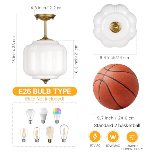 9.4" Milk Glass Semi Flush Mount Ceiling Light Fixture, Vintage Gold Ceiling Lamp for Hallway, Kitchen, Bedroom, Entryway, Antique Mid Century Lighting with Scallop Shade for Small Rooms - color: Milk White D