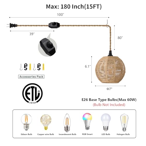 15ft Plug in Pendant Light with Cord Dimmable Switch Rattan Hanging Lamp with Hand Woven Wicker Plug in Chandelier Boho Hanging Lights Fixture for Bedroom Kitchen Hallway Foyer - size: Plug 1 Light Round