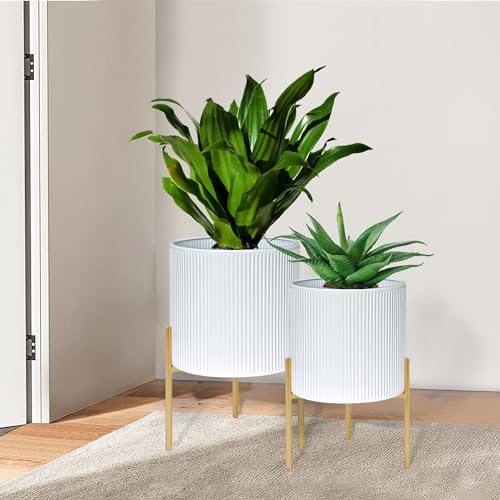 ARNIS Modern Plant Pots, Set of 2 Round Large Planters with Stand, Large Size Metal Pots with Drainage Holes for Living Room, Office, Garden or Balcony, 10.5 &12.25 Inch, White & Gold - color: White, size: 10.5 &12.25