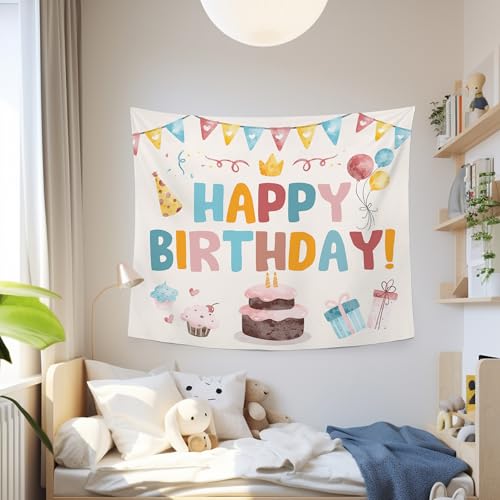 MNASAIOO Happy Birthday Wall Tapestry Hanging, Colorful Kids Banner Tapestries, Nursery Wall Decor for Girls Boys Baby Shower Party Playroom Dorm Bedroom 50x60in