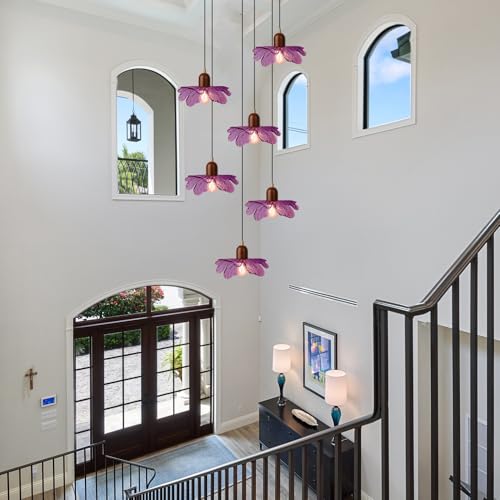 Purple Flower Glass Pendant Light 6-Light Cluster Chandelier Adjustable Hanging Ceiling Light Modern Pendant Lamp for Entryway Dining Room Living Room Foyer - color: Purple, 6 Lights