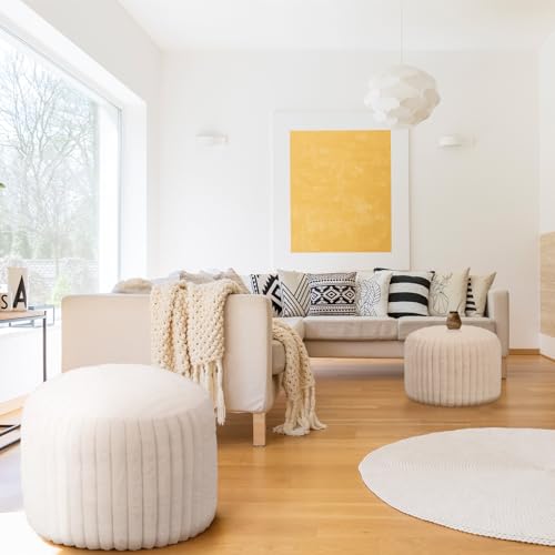 Teenyyou 2 Pcs 20 x 15 Inch Unstuffed Pouf Cover Ottoman Foot Rest - No Filler, Faux Rabbit Fur Foot Stool Floor Bean Bag Floor Chair Storage for Living Room Bedroom Home Decor(Beige) - color: Beige, size: 20 x 15 In