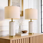 USumkky 25.75" Off-White Ceramic Table Lamp Set of 2, Mid Century Modern Bedside Nightstand Lamps for Bedroom Living Room, Linen Shade & Gold Metal Base, Rotary Switch E26 (Bulbs Excluded) - color: 25.75" Fluted Column-2 Pack
