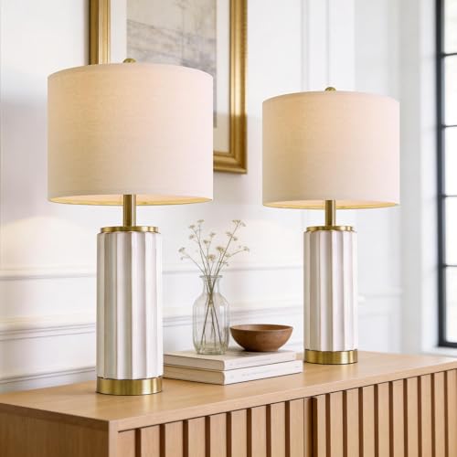 USumkky 25.75" Off-White Ceramic Table Lamp Set of 2, Mid Century Modern Bedside Nightstand Lamps for Bedroom Living Room, Linen Shade & Gold Metal Base, Rotary Switch E26 (Bulbs Excluded) - color: 25.75" Fluted Column-2 Pack