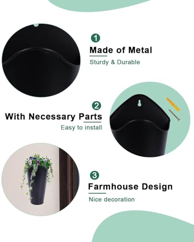 vensovo 12 Inches Galvanized Wall Planters - 2 Packs Metal Tin Vases for Flowers Indoors, Farmhouse Hanging Planter Tall Flower Holder for Country Decor Outdoors, Black - color: Black