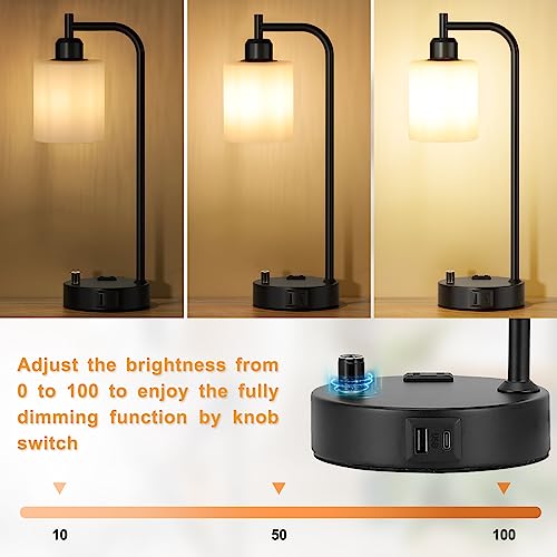 Industrial Bedroom Lamps for Nightstand Set of 2 - Fully Dimmable Bedside Lamps with USB A C Ports and Outlet, Black Table Lamps with Opal Glass Shade for Living Room, Desk Lamps for Office Reading - color: Opal