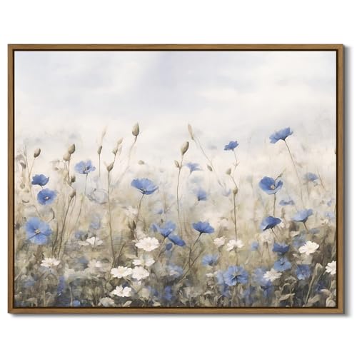Vintage Floral Wall Art Blue White Flower Canvas Art Prints Wildflower Pictures Wall Decor Nature Landscape Oil Painting Framed Botanical Artwork for Girls Room Bedroom Farmhouse Decoration, 8x10 Inch - color: Blue White Flower, size: 10"L x 8"W