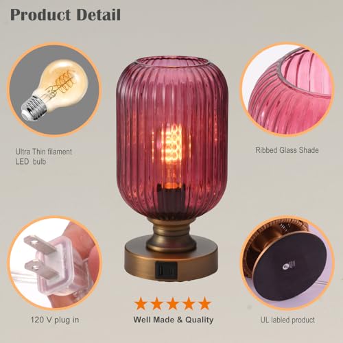 Mid Century Glass Table Lamp,Dimmable Desk Lamp,LED Bulb Included,Touch Control & USB A+C Port,Purple Ribbed Glass - color: Purple Ribbed, size: USB + Touch