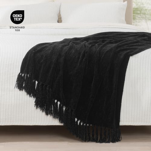 RECYCO Throw Blanket Soft Cozy Chenille Throw Blanket with Fringe Tassel for Couch Sofa Chair Bed Living Room Gift (Black, 50" x 60") - color: Black, size: 50'' X 60''