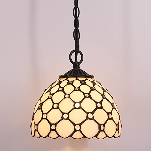 Small Tiffany Pendant Light 8 inch Tiffany Style Stained Glass Pendant Hanging Lamp Small Vintage Hanging Light Fixtures for Home Living Room Restaurant Hallway (White Amber Pearl Beads Style) - color: Cream Pearl Bead Style