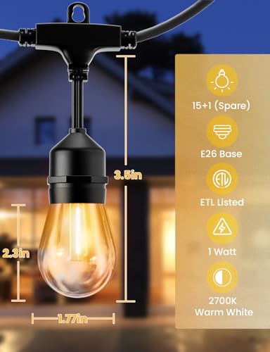 Svater Outdoor Led String Lights 50FT, Patio Lights with 16pcs S14 Shatterproof Bulbs, 1 Watt E26 Dimmable 2700K Warm White, IP65 Waterproof, Commercial Grade Light - size: 50FT