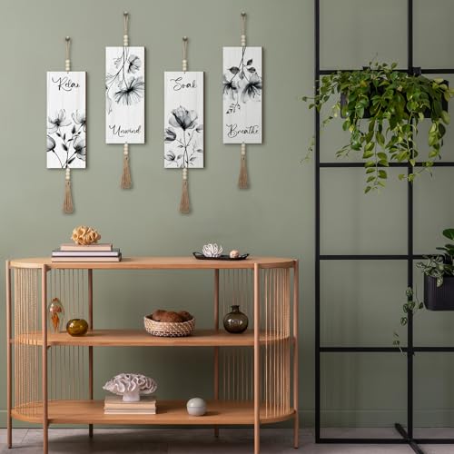 Qunclay 4 Pieces Boho Wall Decor for Bathroom 12 x 5 Inch Relax Soak Unwind Breathe Bathroom Sign with Beads Leaf Print Minimalist Botanical Wall Art Farmhouse Wooden Hanging Art(Gray,Flower) - color: Gray Flower