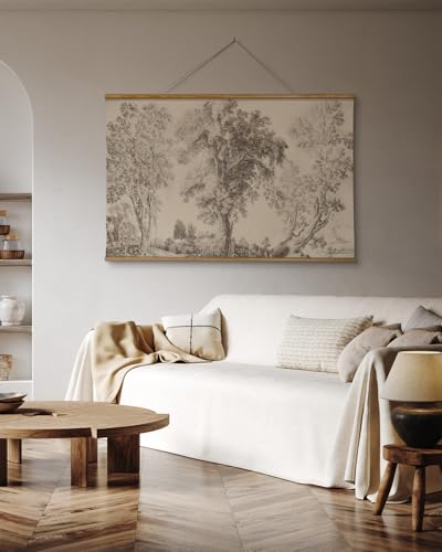 VIYYIEA Extra Large Size Canvas Wall Art, 36x54 Inch Vintage Tree Landscape Hanging Scroll, Oversized Rustic Nature Artwork for Living Room, Bedroom, or Study - color: Three Trees Composition