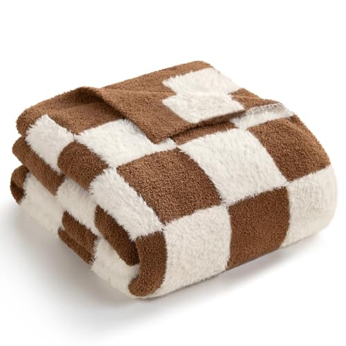 Snuggle Sac Brown Checkered Throw Blanket Faux Fur Microfiber Blankets for Couch,Cozy Soft Warm Blanket for Sofa Bedroom Living Room,Brown Checker,50x60 inches - color: Brown White, size: Throw(50"x60")