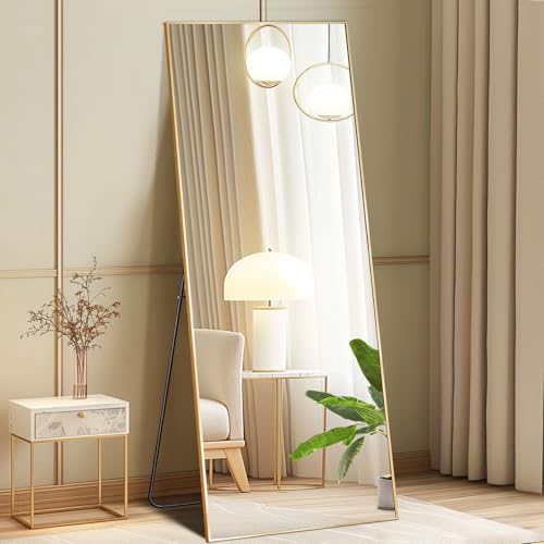 DUMOS 15"x56" Full Length Mirror with Stand, Floor Standing Aluminum Frame, Shatter-Proof Nano Glass for Bedroom, Living Room, Cloakroom – Modern Simple Home Decor,Can Be Hanging or Leaning, Gold - color: Rect-gold, size: 56"L x 15"W