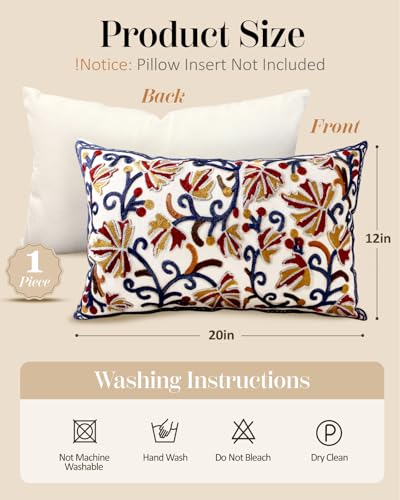 Embroidered Lumbar Pillow Cover - 20x12 Decorative Pillow Cover with Zipper Aesthetic Cute Design Boho Spring Summer Throw Pillowcase for Living Room Couch Sofa Bed, Fall Flower - color: Fall Flower, size: 20" x 12" (Pack of 1)