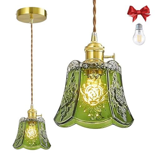Green Wind Chime Glass Pendant Light, 1 Natural Light Bulb Included, Adjustable Cord with Switch, Hanging Lamp for Kitchen Island/Dining Room - color: Green 1pc Flower Pendant Light