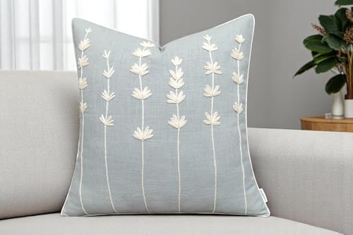 VAGMINE Embroidered Wildflower Floral 18x18 Throw Pillow Cover - Blue Grey Cotton Square Cushion for Sofa Couch Bed - Cottagecore Farmhouse Spring Decor - Daisy - color: Robins Egg-daisy, size: 18" x 18" (Pack of 1)