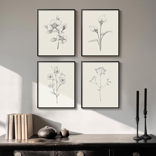 Framed Black and White Floral Wall Art, 4 Piece Vintage Gray Botanical Canvas Prints Painting Artwork, Minimalist Neutral Flower Pictures for Farmhouse Bedroom Living Room Bathroom Home Decor, 11x14 - color: Drawing - Black Framed, size: 11" W x 14" H x 4
