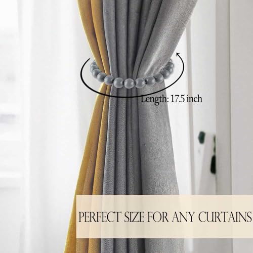 Boho Curtain Tiebacks Magnetic Beaded 2 Pack Light Grey - Strong Magnets - color: Light Grey