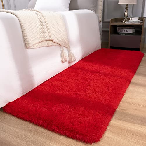 DETUM Red Rug 2x6 Feet - Fluffy Red Runner Rugs for Bedroom Shaggy 2' X 6' Living Room Rug Soft Rugs for Kids Room Non-Slip Nursery Office Dorm Washable Carpets Home Decor - color: Red, size: 2 x 6 feet