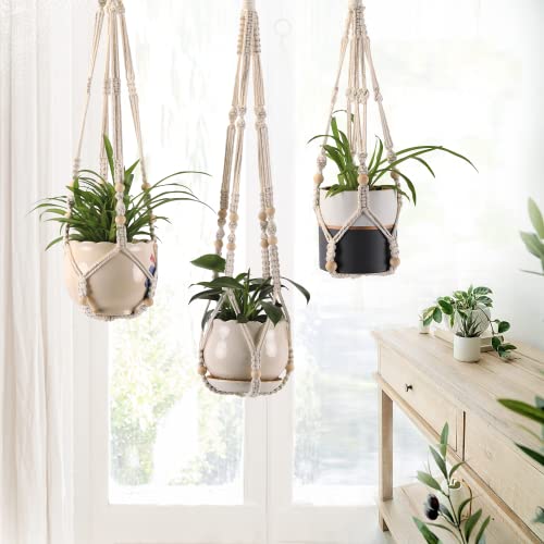3-Pack Macrame Plant Hanger Indoor - Hanging Planter Basket for Indoor Outdoor - Decorative Boho Plant Holders Set with Beads - Ceiling Flower Pot Holder with 6 Hooks - 35"/30"/24" White - color: White