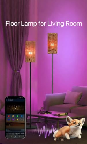 Ruiever 2 Pack Smart Floor Lamp for Living Room,Gaming - Remote, Timer Floor lamp with Remote, APP Control & RGB Standing lamp with Hand-Worked Rattan Shade Bluetooth Bulb Included - style: 2PACK Round Rattan-RGB Bulb