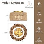 Boho Light Ceiling Fixture Flush Mount Rattan Woven Basket Chandelier for Bedroom Living Room Dining Kitchen, Modern Gold Wicker Lamp for Hallway Entryway Coastal Farmhouse