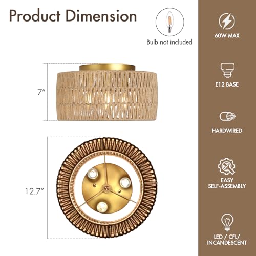 Boho Light Ceiling Fixture Flush Mount Rattan Woven Basket Chandelier for Bedroom Living Room Dining Kitchen, Modern Gold Wicker Lamp for Hallway Entryway Coastal Farmhouse