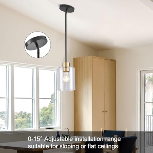 Modern 3 Pack Black Gold Pendant Lights for Kitchen Island, Brushed Brass Modern Hanging Light with Clear Glass Shade, Adjustable Metal Rod Pendant Lighting for Dining Room, Living Room, Bar, Entryway - color: Black+brass 3PK