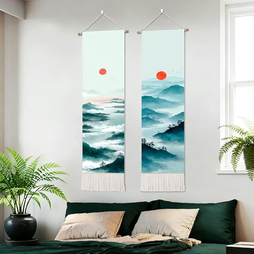 seewan 2 Pack Long Vertical Wall Tapestry, Boho Nature Landscape & Floral Aesthetic Wall Hanging for Bedroom Living Room Home Decor, Long Narrow Art Tapestry with Sunrise Mountain Botanical Designs, 13" × 51" (Blue Ridge Sunrise, 13"Wx51"H, Unframed) - co