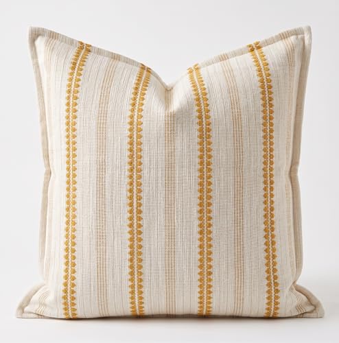 SanVia Cotton Throw Pillow Covers 20x20 – Handwoven Jacquard Texture, Fade-Resistant, No Pilling – Hidden Zipper, Decorative Cushion Cover for Sofa, Couch, Bed – Insert Not Included (Striped, White) - color: Ivory Gold, size: 20" x 20"