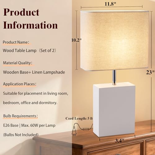 lapupu 23" Wood Table Lamp Set of 2 for Living Room, Modern Bedside Lamps for Bedroom, Large Farmhouse Nightstand Lamp, Desk Lamps for End Table Home Decor, Cream - color: Cream