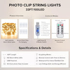 JMEXSUSS Photo Clips String Light, 33Ft 100LED Fairy Lights Plug in with 50 Clips ＆ Remote for Pictures, 8 Modes Twinkle Lights for Bedroom Dorm Wall Birthday Christmas Wedding Party Decor