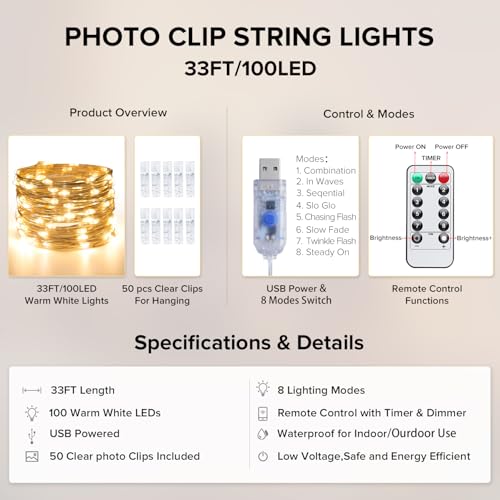 JMEXSUSS Photo Clips String Light, 33Ft 100LED Fairy Lights Plug in with 50 Clips ＆ Remote for Pictures, 8 Modes Twinkle Lights for Bedroom Dorm Wall Birthday Christmas Wedding Party Decor