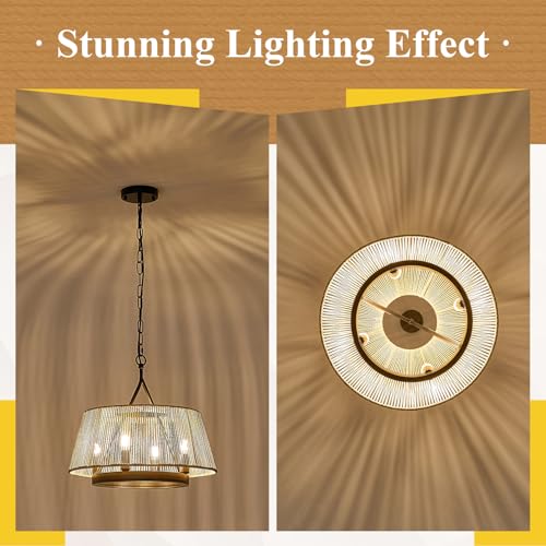Farmhouse Boho Woven Chandeliers 18’’ Hand Rattan Ceiling Pendant Light 4-Light Chandelier Lighting Fixture for Dining Room, Hallway, Entryway, Kitchen,Bedroom, E12 - size: Trapezoid-17.7''-I