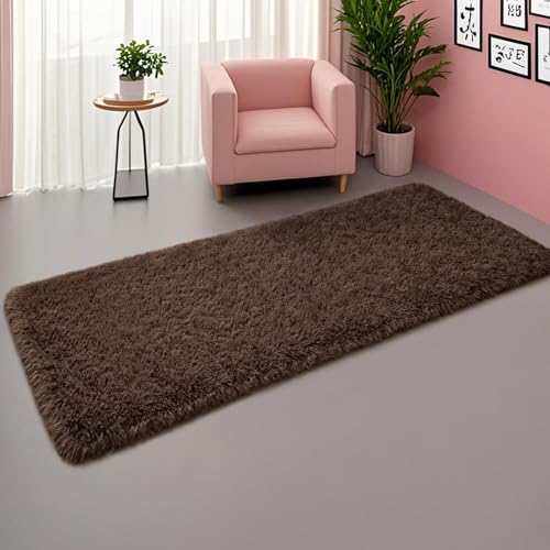 DweIke Fluffy Brown Runner Rugs for Bedroom, 2x6 Feet Soft Plush Long Runners for Girls Boys Kids, Non-Slip and Machine Washable Bedside Rug, Small Throw Carpet for Hallway Rooms Decor - color: Brown, size: 2 Ft X 6 Ft