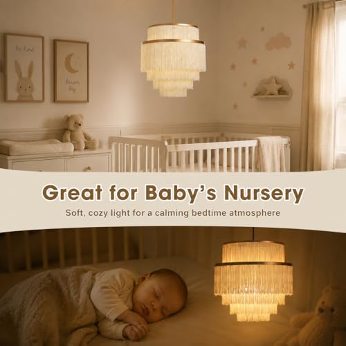 5-Tiered Boho Chandelier with Metal and Fringe,3 Lights Fringe Pendant Light Fixture,Tassle Chandelier for entryway,Dining Room,Baby Nursery,Gold and Light Beige - color: Light Yellow-Pendant