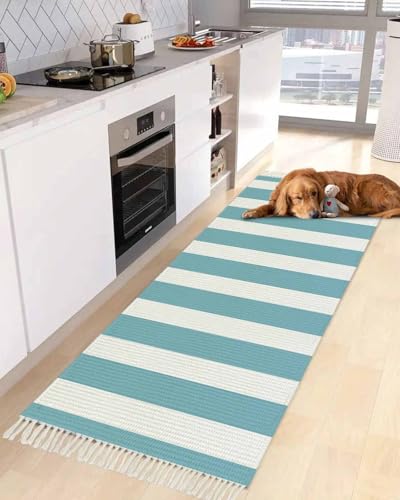 Cyan Stripes Kitchen Runner Rug 2'x4', Washable Woven Cotton Area Rug with Tassels Bathroom Hallway Rug, Farmhouse White Simple Vertical Striped Entryway Bedroom Rug Non Slip Throw Rug Carpet - color: Cyan, size: 2 x 4 ft