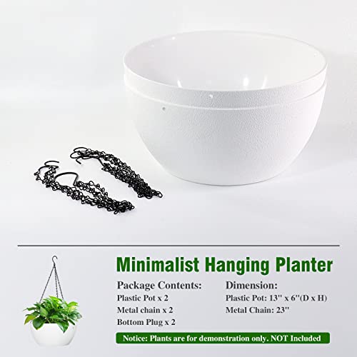 WOUSIWER 13 inch 2Pack Large Hanging Planters for Outdoor Indoor Plants with Drainage Holes and Chain, Round Hanging Flower Pots for Garden Home Porch Decor, White - color: White