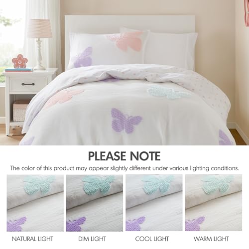 Intelligent Design Kids Rio Twin Duvet Set – Girls’ Reversible Tufted Chenille Bedding with Pastel Purple Butterflies and Pink Dot, 2pcs - color: Multicolor, size: Twin