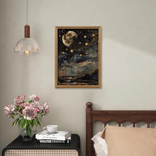 ICHZUMW Moon and Stars Celestial Canvas Wall Art, Mystical Moody Night Sky Poster Prints, Vintage Witchy Dark Academia Wall Decor, Framed Eclectic Gothic Home Decor for Desk Bedroom Bathroom, 12x16in - color: Moonlit Stars, size: 16"L x 12"W