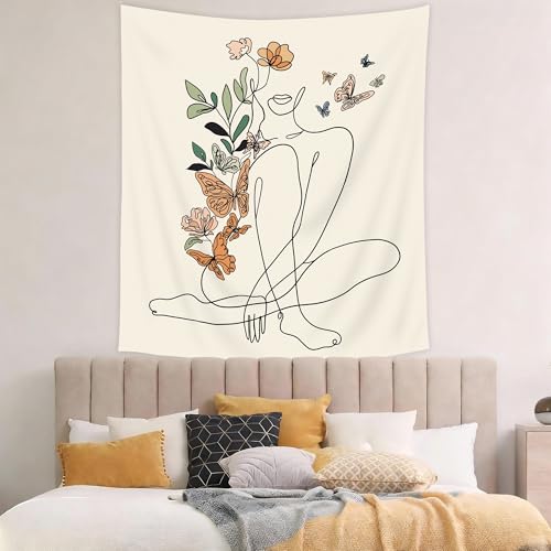 SVBright Abstract Woman Butterfly Fabric Wall Hanging Tapestry 51Wx59H Inch Minimalist Modern Flower Plant Mid Century Terracotta Aesthetic Portrait Beige Home Decor Art for Living Room Bedroom Dorm - color: Beige Woman Sitting, size: 59"L x 51"W
